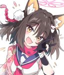  1girl :d animal_ear_fluff animal_ears black_gloves blue_archive blue_sailor_collar brown_hair fang fox_ears fox_girl fox_hair_ornament fox_shadow_puppet gloves halo ixy izuna_(blue_archive) looking_at_viewer neckerchief partially_fingerless_gloves red_halo red_neckerchief red_scarf sailor_collar scarf school_uniform serafuku skin_fang smile solo upper_body yellow_eyes 