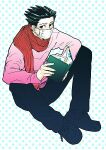  1boy a_k_i ace_attorney black_eyes black_footwear black_pants book commentary_request full_body green_hair holding holding_book long_sleeves looking_to_the_side lowres male_focus mask mouth_mask pants phoenix_wright pink_sweater scarf shoes short_hair sick sitting solo spiked_hair sweater 