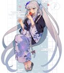  ! 1girl :t absurdly_long_hair alternate_costume blue_background blue_bow blue_flower blue_nails bow braid candy_apple eating egasumi fate/grand_order fate_(series) floral_print flower food full_body grey_eyes grey_hair grid_background hair_bow hair_flower hair_ornament hair_ribbon highres holding holding_food invisible_chair japanese_clothes kimono legs_together long_hair long_sleeves looking_at_food morgan_le_fay_(fate) multicolored_background obi obidome pink_flower ponytail print_kimono purple_kimono red_ribbon ribbon sash simple_background sitting solo spoken_exclamation_mark uxco0 very_long_hair white_background wide_sleeves yukata zouri 