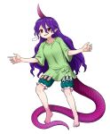  1girl absurdres barefoot blush_stickers clothes_writing fingernails full_body green_shirt green_shorts highres horns itou_yuuji long_hair open_mouth pointy_ears purple_hair purple_horns red_eyes shirt short_sleeves shorts simple_background single_horn solo syringe tail tenkajin_chiyari test_tube toenails touhou white_background 