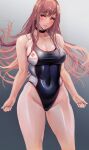  1girl absurdres bare_shoulders black_choker black_one-piece_swimsuit black_towel breasts brown_hair choker cleavage closed_mouth collarbone competition_swimsuit covered_navel goddess_of_victory:_nikke gradient_background groin hair_between_eyes hand_on_own_hip hand_up highleg highleg_swimsuit highres kyel_hyde large_breasts light_blush long_hair looking_at_viewer official_alternate_costume one-piece_swimsuit orange_eyes rapi_(nikke) sidelocks solo standing swimsuit towel towel_around_neck two-tone_background two-tone_swimsuit white_one-piece_swimsuit 