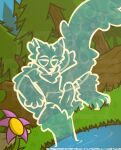  anthro balls canid canine canis crossgender elemental_creature empty_eyes flower foot_in_water forest genitals grass hadva_(wub) hair hand_behind_head hi_res humanoid_genitalia humanoid_penis inner_ear_fluff long_hair male mammal neck_tuft nude one_leg_up penis plant pond raised_leg rock signature sitting solo text translucent translucent_body tree tuft url water water_creature watermark wolf wub_(artist) 