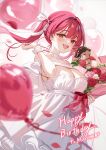  1girl balloon blurry blush bouquet breasts cleavage_cutout clothing_cutout commentary_request depth_of_field dress hair_ribbon hand_up happy_birthday heart_balloon heterochromia highres holding holding_bouquet hololive houshou_marine long_hair looking_at_viewer medium_breasts open_mouth red_eyes red_hair ribbon ruiuncle smile solo teeth twintails upper_teeth_only virtual_youtuber white_dress white_ribbon yellow_eyes 
