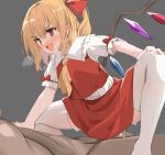  1boy 1girl :d ascot blonde_hair blush bow commentary_request crystal dark-skinned_male dark_skin fang flandre_scarlet girl_on_top hair_bow highres interracial kamukamu_(ars) no_headwear pointy_ears red_bow red_eyes red_skirt short_hair short_sleeves side_ponytail skirt smile solo_focus squatting_cowgirl_position sweat thighhighs touhou white_thighhighs wings yellow_ascot 