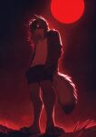  2023 anthro azuza black_sclera blood_moon bottomwear brown_body brown_fur brown_hair canid cheek_tuft clothed clothing dated ear_piercing ear_ring facial_tuft full-length_portrait fur hair hi_res jacket looking_at_viewer low-angle_view male mammal mouth_closed neck_tuft piercing portrait pupils ring_piercing shirt shorts slit_pupils solo standing t-shirt topwear tuft white_clothing white_shirt white_t-shirt white_topwear yellow_eyes 