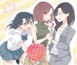  3girls 66ta1yak1 age_difference black_hair blush bouquet brown_hair english_text flower grandmother_and_granddaughter hanamura_sayaka hanamura_yuuki highres holding holding_bouquet holding_flower holding_hands incest long_hair medium_hair mother&#039;s_day mother_and_daughter multiple_girls onee-loli red_flower red_rose rose school_uniform serafuku third-party_source watch white_serafuku wristwatch yuri yuru_oyako 