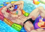  1boy abs absurdres armpit_hair armpits ball bara beachball beard camp_buddy cocktail cocktail_glass collarbone cup drinking_glass facial_hair feet_out_of_frame flower flower_necklace food fruit glasses goro_nomoru highres lei male_focus mikkoukun muscular muscular_male nipples opaque_glasses outdoors pectorals penis plate pool pubic_hair sideburns smile solo summer sunglasses teeth water water_gun watermelon white_hair 