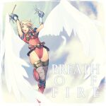  bandages belt blonde_hair blue_eyes breath_of_fire breath_of_fire_i gloves highleg highleg_leotard highres holding holding_weapon leotard nina_(breath_of_fire_i) painpa pink_footwear sky solo sword weapon white_gloves white_wings wings 