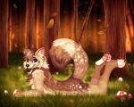  2021 anthro autumn autumn_leaves black_nose brown_body brown_fur brown_hair brown_tail canid canine countershade_torso countershading falling_leaves fluffy fluffy_tail forest forest_background fox fungus fur grass hair kovied light looking_at_viewer lying male mammal mushroom mushroom_cap nature nature_background on_front pawpads paws pink_ears pink_pawpads plant prick_ears short_hair smile smiling_at_viewer snout solo spots sunlight tail tree white_body white_fur white_spots white_spotted_fur white_toes 