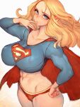  1girl abs blonde_hair blue_eyes breasts capelet cleavage covered_nipples cropped_legs curvy dc_comics fumio_(rsqkr) hand_on_own_hip hand_to_own_mouth highres large_breasts lips long_hair muscular muscular_female navel panties red_capelet red_panties supergirl superman_(series) thong underwear wide_hips 
