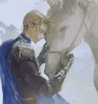  1boy absurdres animal black_jacket blonde_hair blue_cape cape closed_mouth dimitri_alexandre_blaiddyd fire_emblem fire_emblem:_three_houses garreg_mach_monastery_uniform gauntlets grey_background grey_eyes hands_up highres horse jacket liyuliyuzhou long_sleeves male_focus profile short_hair sketch solo 