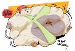  2021 anthro belly_jiggle belly_rolls bodily_fluids cel_shading chubby_cheeks clothing double_chin english_text fat_rolls felid feline hi_res jiggling love_handles male mammal meow_(space_dandy) moobs morbidly_obese morbidly_obese_anthro morbidly_obese_male obese obese_anthro obese_male overweight overweight_anthro overweight_male rumbling_stomach shaded simple_background smokii solo space_dandy sweat sweatdrop text tight_clothing 