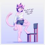  anthro bottomwear chair clothing cutoffs denim denim_clothing eyewear felid feline fur furniture girly glasses hair hi_res hotpants male mammal nodoph pink_body pink_fur pink_hair purple_eyes round_glasses shorts solo sweater topwear 