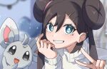  1girl absurdres alternate_costume blurry blurry_background blush bright_pupils brown_hair double_bun eyelashes green_eyes grin hair_behind_ear hair_bun hair_ornament hairclip hands_up highres jayj_824 long_hair long_sleeves looking_at_viewer minccino pokemon pokemon_(creature) pokemon_(game) pokemon_bw2 rosa_(pokemon) smile sweater teeth twintails v white_pupils white_sweater 