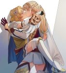  2girls against_wall armor asterrales blonde_hair brown_gloves cape closed_eyes commission fire_emblem fire_emblem_heroes fire_emblem_warriors gloves hair_ornament highres kiss leg_lock lianna_(fire_emblem) lifted_by_another long_hair long_sleeves multiple_girls second-party_source sharena_(fire_emblem) short_hair shoulder_armor skirt yuri 