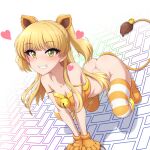  1girl akai_(riaakai) animal_hands ass bell blonde_hair blush boots bottomless commission gloves green_eyes idolmaster idolmaster_cinderella_girls jingle_bell jougasaki_rika long_hair open_mouth orange_footwear paid_reward_available paw_gloves simple_background skeb_commission solo striped striped_thighhighs tail teeth thighhighs twintails upper_teeth_only white_background yellow_stripes 