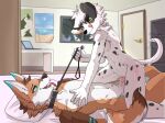  2021 amatzi_(character) anthro anthro_on_anthro anthro_penetrated anthro_penetrating anthro_penetrating_anthro bedroom black_highlights black_nose black_spots blush bodily_fluids breasts brown_hair brown_nose canid canine canis cheek_tuft claws collar computer cowgirl_position coyote dalmatian detailed_background dipstick_ears dipstick_tail domestic_dog dominant dominant_female drooling duo erection eye_contact facial_tuft female female_on_top female_penetrated from_front_position furniture genital_fluids genitals green_eyes hair hands_behind_back heart_catchlight hi_res highlights_(coloring) holding_leash holding_object inside laptop leash leash_pull licking licking_lips licking_own_lips looking_at_another looking_at_partner lying male male/female male_on_bottom male_penetrating male_penetrating_female mammal markings multicolored_ears navel nude on_back on_bottom on_top open_mouth open_smile penetration penile penile_penetration penis penis_in_pussy poster_(object) pussy pussy_juice ricky945 saliva sex shelf side_view smile spots straddling submissive submissive_male table tail tail_markings tail_motion tailwag teal_eyes tongue tongue_out tuft vaginal vaginal_penetration white_claws white_hair window 