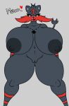  &lt;3 anthro big_breasts black_body black_nipples breasts collar female generation_7_pokemon genitals grey_background huge_breasts litten meow navel nintendo nipples pokemon pokemon_(species) pussy red_eyes riku9797 simple_background solo sylvia_the_litten tail thick_thighs tongue 