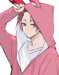  1boy animal_ears animal_hood arm_up blue_eyes blue_lock closed_mouth fake_animal_ears hood hood_up hoodie itoshi_sae long_sleeves looking_at_viewer male_focus pink_hoodie rabbit_ears red_hair shirt short_hair simple_background sleeves_past_wrists solo torichiribs upper_body white_background white_shirt 