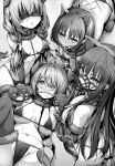  4girls atsuko_(blue_archive) blue_archive blush greyscale hair_over_one_eye highres hiyori_(blue_archive) long_hair looking_at_viewer misaki_(blue_archive) monochrome multiple_girls open_mouth saori_(blue_archive) short_hair side_ponytail uko_magi 