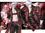  1boy aged_down belt_bra bishounen blue_eyes bomiu2333 coat dante_(devil_may_cry) devil_may_cry_(series) devil_may_cry_3 ebony_&amp;_ivory fingerless_gloves gloves gun handgun highres looking_at_viewer rebellion_(sword) red_coat smile solo sword weapon white_hair 