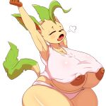  anthro big_breasts breasts clothing eeveelution female generation_4_pokemon green_body hi_res huge_breasts huge_thighs hyper hyper_breasts hyper_hips hyper_thighs ineffective_clothing leafeon monky22 nintendo open_mouth pokemon pokemon_(species) solo thick_thighs under_boob wide_hips yawn yellow_body 