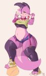  absurd_res anthro blue_eyes blush breasts clothed clothing collar female hi_res horn kobold purple_body simple_background solo tail tohupo 