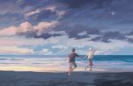  2boys beach black_hair black_shirt cloud cloudy_sky commentary dawn driftwoodwolf male_focus mixed-language_commentary multiple_boys ocean original pants sand scenery shadow shirt sky star_(sky) starry_sky white_hair white_shirt 