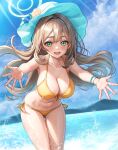  1girl :d absurdres bikini blonde_hair blue_archive blue_sky blush breasts cloud collarbone day floating_hair flower green_eyes halo hapu_(nfdt7773) hat hat_flower highres large_breasts leaning_forward long_hair looking_at_viewer navel nonomi_(blue_archive) nonomi_(swimsuit)_(blue_archive) ocean open_mouth outdoors outstretched_arms revision sky smile solo stomach sun_hat swimsuit thighs water yellow_bikini 