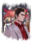  1boy absurdres belt black_hair buckle building cigarette city grey_jacket hair_slicked_back highres jacket kamurocho kiryuu_kazuma looking_at_viewer male_focus manly muscular muscular_male night night_sky pants profile red_shirt ryuu_ga_gotoku_(series) ryuu_ga_gotoku_1 shirt sky smoke smoking spiked_hair syu_uban white_background 