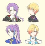  2boys alternate_hairstyle ascot black_bow black_bowtie black_jacket blonde_hair blue_hair borrowed_hairstyle bow bowtie collared_shirt colorful_festival_(project_sekai) commentary cosplay hair_over_one_eye hairstyle_switch highres jacket kamishiro_rui kamishiro_rui_(cosplay) kono_matsuri_ni_yuuyami_iro_mo_(project_sekai) looking_at_viewer low_ponytail multicolored_hair multiple_boys parted_lips period_of_nocturne_(project_sekai) project_sekai prsk112277 purple_hair ribbon scramble_fan_festa!_(project_sekai) shinshun!_shishimai_robo_no_oshougatsu_show!_(project_sekai) shirt short_hair streaked_hair symbol-only_commentary tenma_tsukasa tenma_tsukasa_(cosplay) upper_body white_ascot white_background white_jacket white_ribbon yellow_eyes 