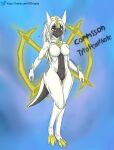  anthro arceus female fur generation_4_pokemon gold_(metal) green_eyes hair hi_res legendary_pokemon nintendo pokemon pokemon_(species) solo spike_the_furry white_body white_fur white_hair 