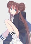 1girl :o alternate_costume black_hoodie blue_eyes brown_hair commentary double_bun doughnut_hair_bun hair_bun highres hood hood_down hoodie kana_(kanna_runa0620) long_hair looking_at_viewer looking_to_the_side pokemon pokemon_bw2 ribbed_socks rosa_(pokemon) shoes socks solo twintails white_footwear white_socks 