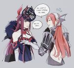  2girls armor bare_shoulders breasts cherche_(fire_emblem) cleavage dress elbow_gloves fascinator fire_emblem fire_emblem_awakening fire_emblem_engage flower gloves hair_ornament hairband highres ivy_(fire_emblem) jewelry large_breasts long_hair mole mole_under_mouth multiple_girls open_mouth oratoza pink_hair purple_eyes purple_hair simple_background smile weapon white_gloves 