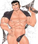  1boy abs bara bare_pectorals beard_stubble black_hair bulge clothes_lift cowboy_shot highres holding huge_eyebrows large_pectorals looking_at_viewer lucas_lee male_focus muscular muscular_male naughty_face navel nipples pectorals scott_pilgrim_takes_off seductive_smile shaved_body shirt shirt_behind_neck shirt_lift short_hair short_sleeves slingshot_swimsuit smile solo stomach swimsuit t-shirt tight_clothes tight_shirt tongue tongue_out uneven_eyes ushio_takigawa 