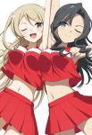  2girls ;) ;d arm_up armpits black_hair blonde_hair blue_eyes bow breasts cheerleader grey_eyes hair_bow highres kusunoki_mebuki_wa_yuusha_de_aru long_hair medium_breasts midriff miroku_renge miroku_yumiko mole mole_under_mouth multiple_girls navel one_eye_closed pleated_skirt red_skirt skirt smile sweat two_side_up user_tmwx3385 white_bow yuuki_yuuna_wa_yuusha_de_aru:_hanayui_no_kirameki yuusha_de_aru 