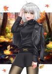  1girl absurdres black_jacket black_skirt black_sweater breasts brown_pantyhose fate/grand_order fate_(series) grey_hair highres jacket jacket_on_shoulders jeanne_d&#039;arc_alter_(avenger)_(fate) jeanne_d&#039;arc_alter_(fate) large_breasts long_sleeves looking_at_viewer open_mouth pantyhose short_hair skirt smile solo sweater tomotomow00w turtleneck turtleneck_sweater yellow_eyes 