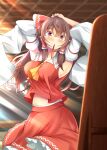  1girl absurdres arms_up ascot blurry blurry_background bow breasts brown_eyes brown_hair commentary_request detached_sleeves hair_bow hair_tie_in_mouth hair_tubes hakurei_reimu highres light_rays long_hair looking_at_viewer mirror mouth_hold navel red_bow red_shirt red_skirt shirt shiso_gohan sidelocks skirt solo touhou wide_sleeves yellow_ascot 