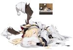  1girl animal_ears antlers antlers_through_hood arknights black_shirt blonde_hair chibi cloak closed_eyes commentary deer_antlers deer_ears deer_girl ears_through_hood full_body game_screenshot_inset hat hat_on_antlers hood hood_up hooded_cloak hugging_object long_hair nejikyuu pillow pillow_hug santa_hat shirt simple_background solo_focus swept_bangs symbol-only_commentary twitter_username viviana_(arknights) white_background white_cloak white_headwear 