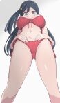  1girl :o absurdres bikini black_hair breasts cameltoe crotch from_below grey_eyes highres large_breasts long_hair looking_at_viewer looking_down love_live! love_live!_nijigasaki_high_school_idol_club navel one_side_up red_bikini simple_background solo stomach swimsuit thighs wewe white_background yuuki_setsuna_(love_live!) 