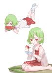  1girl aged_down barefoot closed_mouth commentary_request dress food fruit green_hair holding holding_food kazami_yuuka looking_at_viewer lying multiple_views on_stomach petite plaid plaid_dress red_dress seiza short_hair simple_background sitting socks tohoyuukarin touhou watermelon watermelon_slice white_background white_socks 