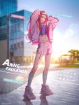  1other anne_faulkner bae_(paradox_live) character_name full_body highres long_hair long_sleeves looking_at_viewer navel official_alternate_costume official_art paradox_live parted_lips pink_hair pink_shorts red_lips shorts standing yellow_eyes 