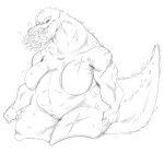  2022 anthro belly big_belly big_breasts big_tail black_and_white breasts brute_wyvern capcom deviljho featureless_breasts female fingers hi_res long_tail mhdrawin monochrome monster_hunter overweight overweight_anthro overweight_female scar sharp_teeth solo spikes spikes_(anatomy) tail teeth thick_thighs 