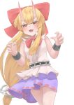  1girl :d alternate_horns blonde_hair blunt_bangs blush bow breasts buttons commentary_request cowboy_shot cuffs fang hair_bow highres horns ibuki_suika long_hair low-tied_long_hair medium_bangs open_mouth purple_skirt red_bow ribbon-trimmed_skirt ribbon_trim shirt sidelocks simple_background skin-covered_horns skirt sleeveless sleeveless_shirt small_breasts smile solo suwa_(au_swap) touhou v-shaped_eyebrows very_long_hair white_background white_shirt yellow_eyes 
