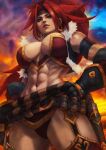  1girl abs absurdres barbarian battle_chasers blue_eyes boots breasts bullet cleavage crop_top earrings fur_trim gloves headband highres jewelry large_breasts looking_at_viewer looking_down monori_rogue multicolored_background muscular muscular_female panties ponytail red_monika sash solo thigh_strap thighhighs toned underwear vest 