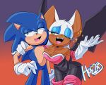  2023 anthro armwear bat breasts brown_body brown_skin cleavage clothed clothing duo elbow_gloves eulipotyphlan eyeshadow female fur gloves handwear hedgehog hi_res hoezayburger makeup male mammal narrowed_eyes one_eye_closed open_mouth open_smile rouge_the_bat sega signature simple_background smile sonic_the_hedgehog sonic_the_hedgehog_(series) sparkles white_body white_fur wings wink 