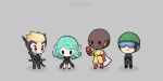  1girl 3boys artist_name bald bare_legs blonde_hair blue_jacket cape chibi clenched_teeth closed_mouth crossed_arms cyborg doomfist_(overwatch) formal gauntlets genji_(overwatch) genos green_hair hand_on_hip helmet jacket kiriko_(overwatch) looking_at_viewer multiple_boys mumen_rider no_mouth official_alternate_costume one-punch_man overwatch overwatch_2 pocketchan saitama_(one-punch_man) saitama_doomfist sheath sheathed short_hair simple_background sleeveless sleeveless_jacket soldier:_76_(overwatch) standing suit sword tatsumaki teeth terrible_tornado_kiriko v-shaped_eyebrows weapon white_cape yellow_suit 