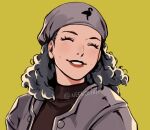  1girl beanie black_hair black_shirt blush closed_eyes curly_hair facing_viewer green_background grey_headwear grey_jacket hat jacket lips lipstick long_hair makeup mayuzumi_yukino neekosiah persona persona_2 shirt simple_background smile solo twitter_username upper_body 