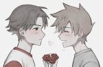  2boys blue_oak blush bouquet brown_hair closed_eyes closed_mouth flower from_side highres looking_at_another male_focus multiple_boys open_mouth pokemon pokemon_(game) pokemon_sm raglan_sleeves red_(pokemon) reguris shirt short_hair smile upper_body white_background 