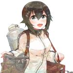  1girl bag black_hair grey_eyes hair_between_eyes handbag hayasui_(kancolle) itomugi-kun jacket kantai_collection long_sleeves machinery open_mouth short_hair simple_background smile solo track_jacket upper_body white_background white_jacket zipper 